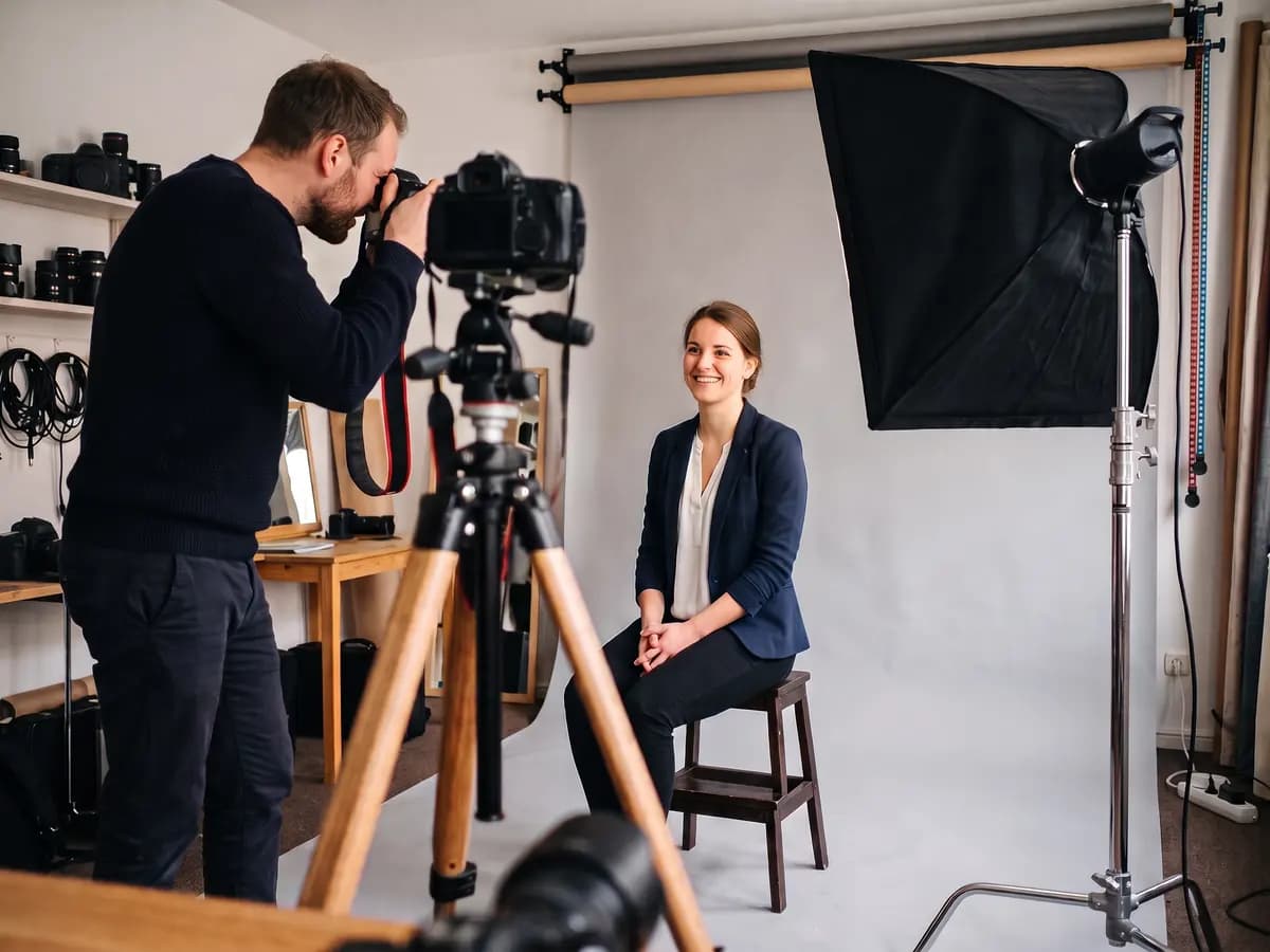 Ein Fotograf im dunklen Pullover fotografiert im Studio eine lächelnde junge Frau im blauen Blazer auf einem Hocker vor grauem Hintergrund, daneben eine große Softbox
