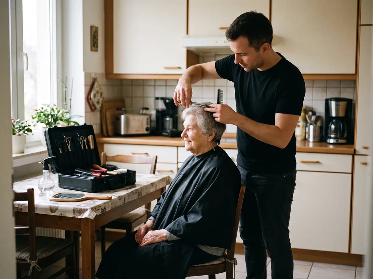 Haarschnitt in einer Küche, eine ältere Frau mit Umhang sitzt auf einem Küchenstuhl, auf dem Tisch ein Friseurkoffer