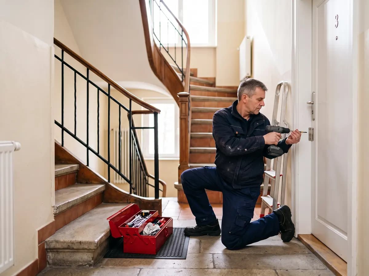 Ein Mann in dunkelblauer Arbeitskleidung kniet im Treppenhaus eines Mehrfamilienhauses und stellt mit einem Akkuschrauber das Band einer Wohnungstür ein, daneben ein roter Werkzeugkasten