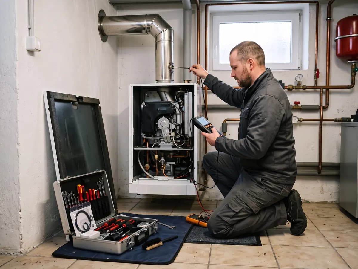 Ein Mann in grauer Arbeitskleidung kniet im Heizungskeller vor einer geöffneten Gastherme und misst mit einem Abgasmessgerät am Abgasrohr, daneben ein offener Werkzeugkoffer