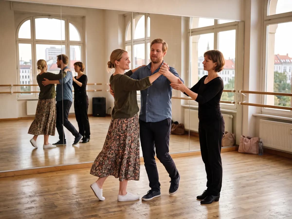 Ein Paar in Alltagskleidung übt in einem hellen Tanzstudio mit Spiegelwand die Walzerhaltung, eine Tanzlehrerin in Schwarz korrigiert den Arm des Mannes