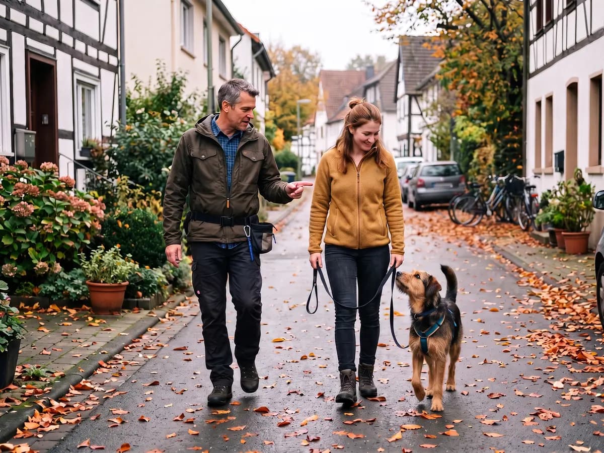 Ein Mann in brauner Outdoorjacke mit Leckerlibeutel am Gürtel geht neben einer jungen Frau eine herbstliche Wohnstraße entlang und zeigt nach vorn, ihr Mischlingshund läuft an lockerer Leine und schaut zu ihr hoch