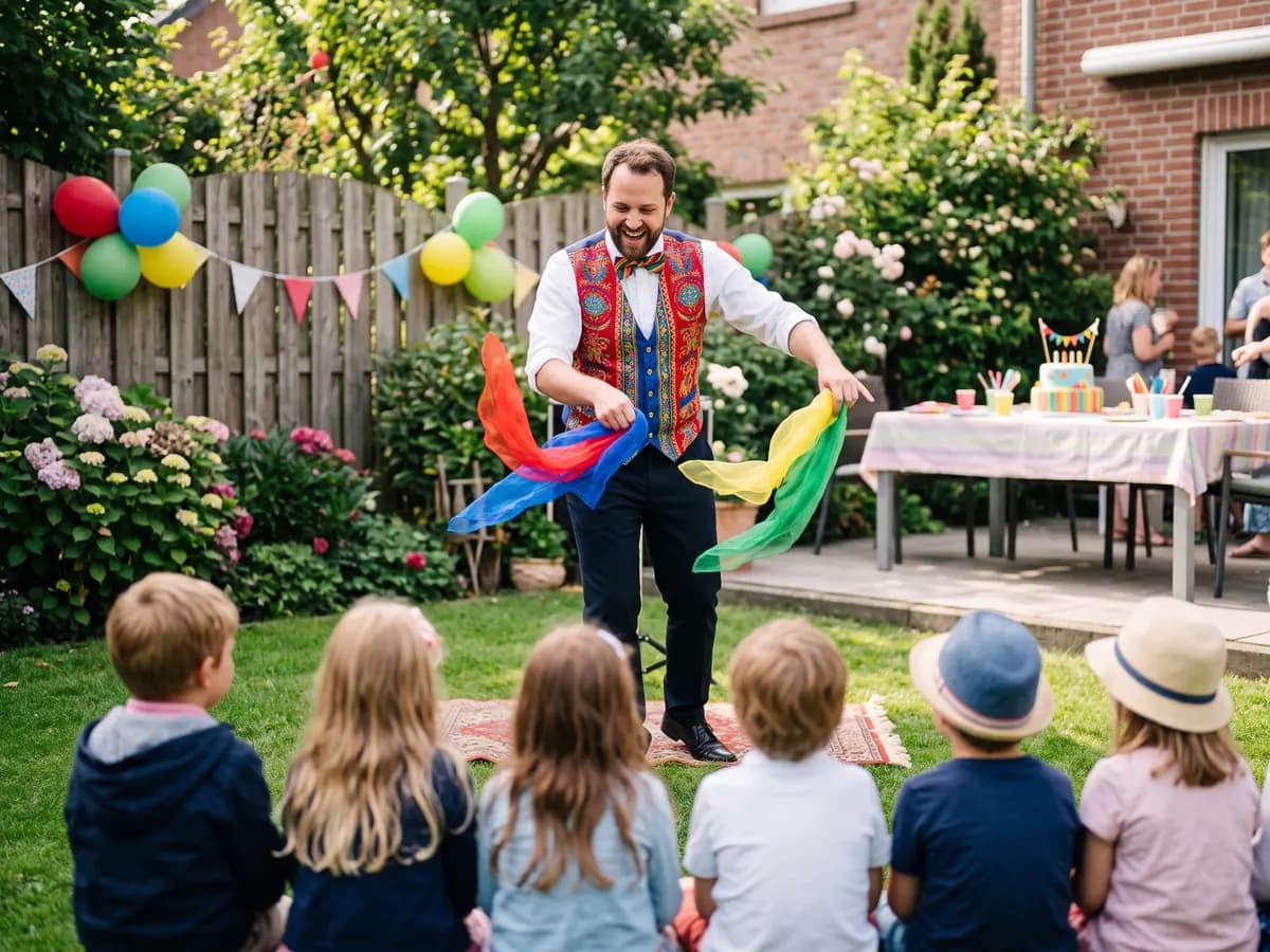Ein Zauberer in bunter Weste und Fliege führt in einem Garten mit Luftballons einen Trick mit farbigen Seidentüchern vor, im Vordergrund sitzen Kinder von hinten im Gras