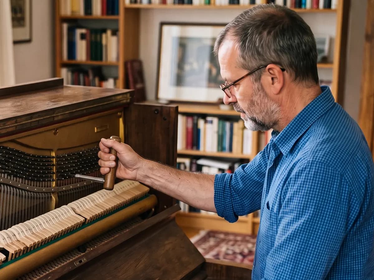 Ein Klavierstimmer mit Brille und blau kariertem Hemd setzt in einem Wohnzimmer den Stimmhammer an die Stimmwirbel eines geöffneten Klaviers, darunter die Reihe der Hammerköpfe