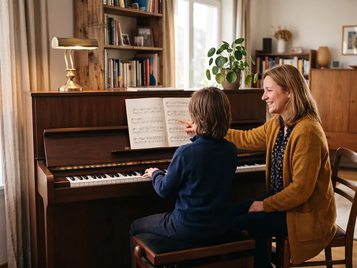 Eine Klavierlehrerin in senfgelber Strickjacke sitzt lachend neben einem Kind am Klavier im Wohnzimmer und zeigt auf die Noten, das Kind ist von hinten zu sehen
