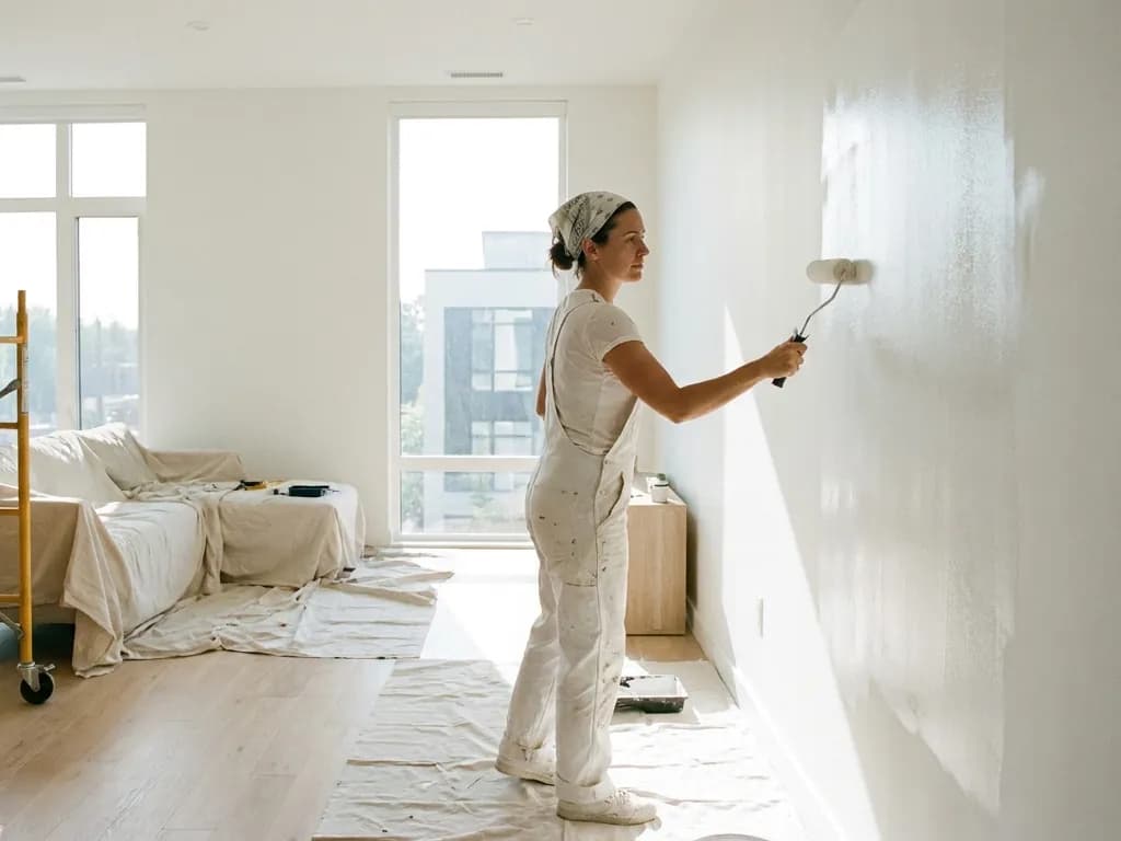 Malerin streicht in einer hellen Wohnung eine Wand mit der Farbrolle, Sofa und Boden sind mit Tüchern abgedeckt