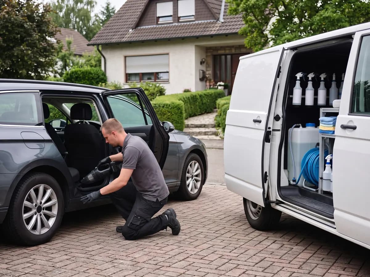 Ein Mann in grauem Poloshirt und schwarzen Handschuhen saugt in einer gepflasterten Einfahrt den Fußraum eines dunkelgrauen Kombis aus, daneben ein weißer Transporter mit Wassertank, Schlauchtrommel und Sprühflaschen