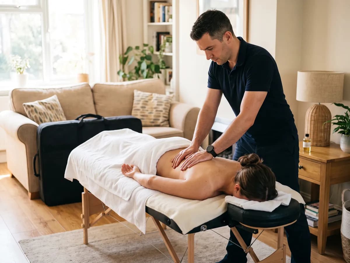 Rückenmassage auf einer mobilen Massageliege in einem hellen Wohnzimmer, am Sofa lehnt die Tragetasche der Liege