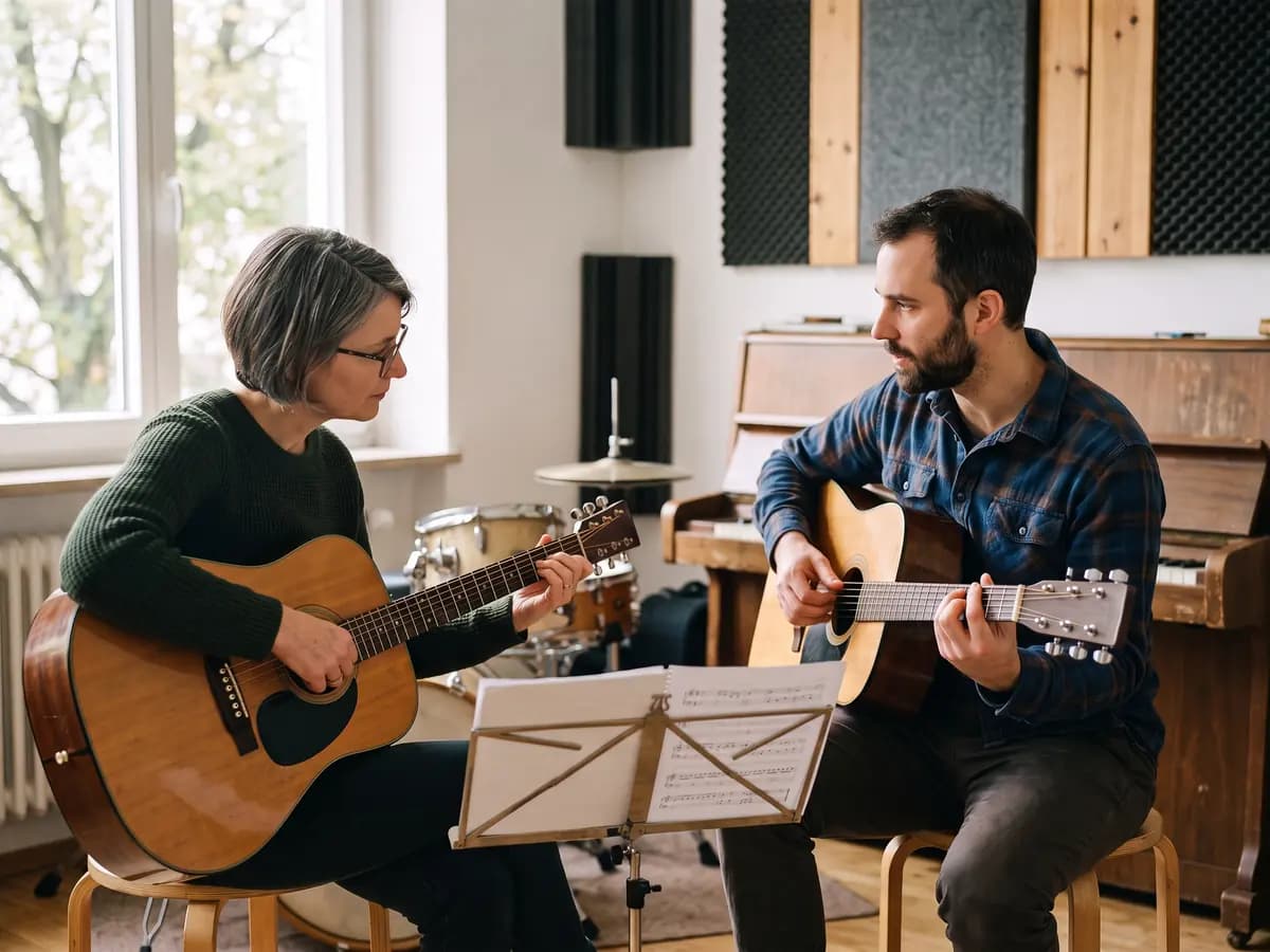 Ein Gitarrenlehrer mit Bart und eine Schülerin mit grauen Haaren sitzen sich mit Akustikgitarren gegenüber, zwischen ihnen ein Notenständer, dahinter Schlagzeug und Klavier