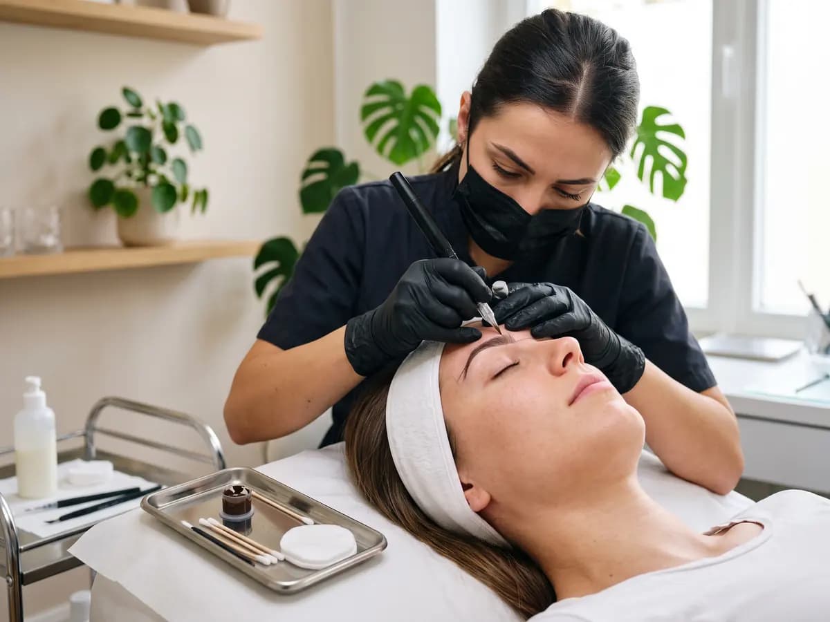 Eine Frau mit schwarzer Maske und Handschuhen arbeitet mit einem schlanken Gerät an den Augenbrauen einer liegenden Frau mit weißem Haarband, vorn ein Tablett mit Pigment