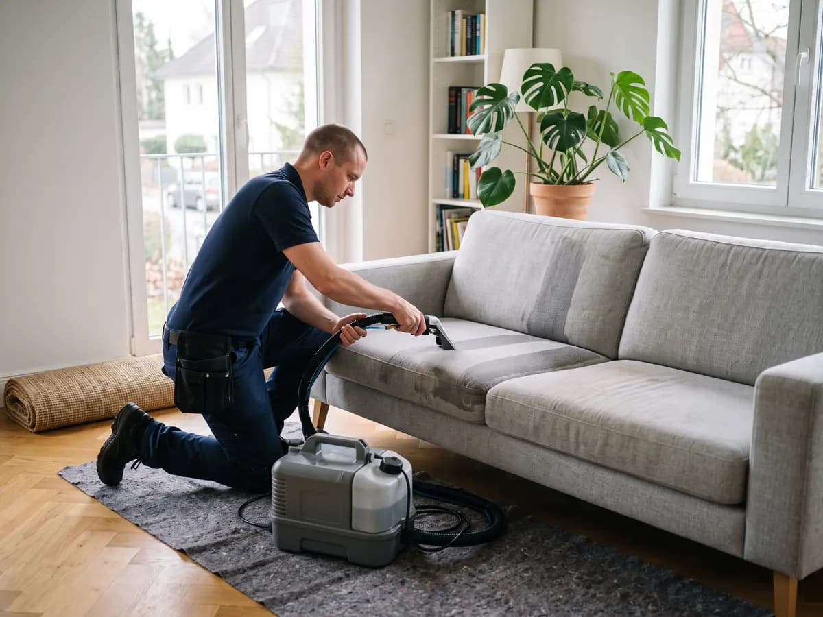 Ein Mann in dunkelblauem Poloshirt kniet im Wohnzimmer auf einer Schutzmatte und reinigt die Sitzfläche eines hellgrauen Sofas mit einem Sprühextraktionsgerät