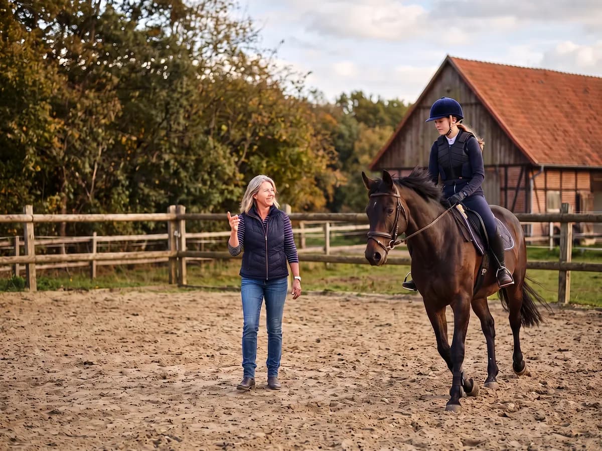 Eine Reitlehrerin in dunkelblauer Steppweste steht lächelnd auf einem Sandplatz und gibt Anweisungen, ein Mädchen mit Reithelm und Sicherheitsweste trabt auf einem dunkelbraunen Pferd an ihr vorbei