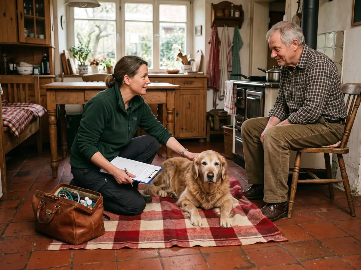 Eine Frau in grüner Fleecejacke kniet in einer Bauernhausküche neben einem älteren Golden Retriever auf einer karierten Decke, daneben eine offene Ledertasche, ein älterer Mann sieht vom Küchenstuhl aus zu