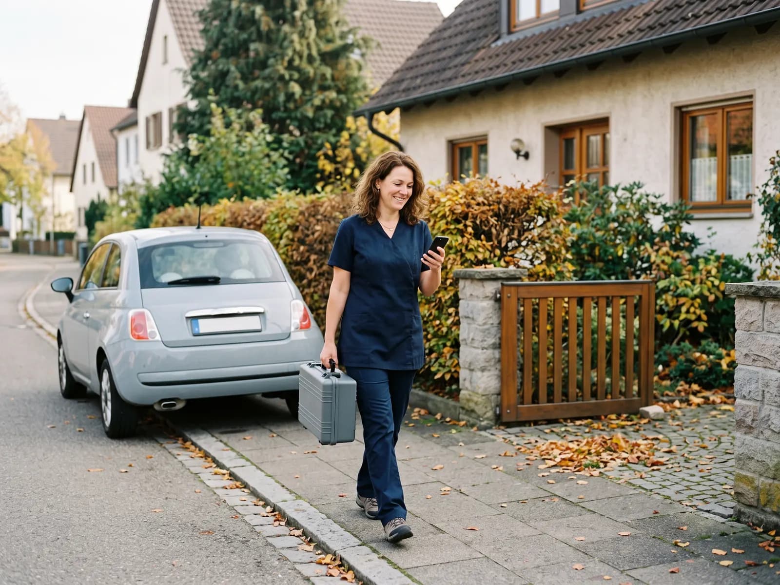 Eine mobile Fußpflegerin geht mit ihrem Arbeitskoffer vom Auto zur Haustür und schaut dabei auf ihr Handy