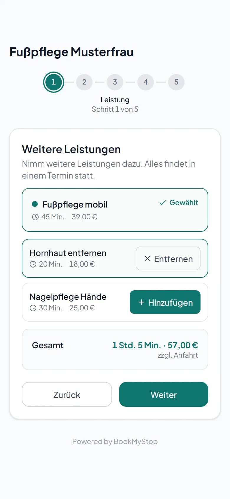 Buchungsseite am Handy mit zwei ausgewählten Leistungen