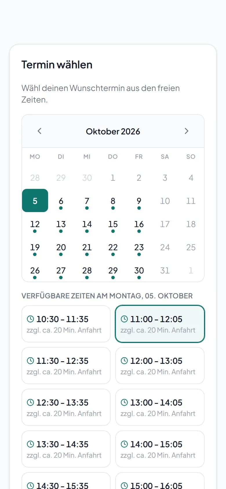 Buchungsseite am Handy mit den freien Zeiten nach Eingabe der Adresse