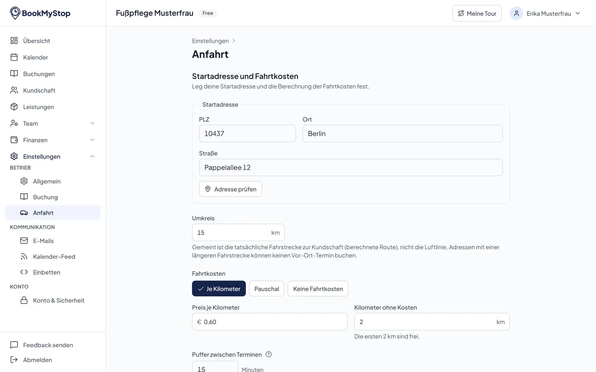 Einstellungen zu Anfahrt und Fahrtkosten im Portal